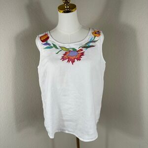 VTG I.B. Diffusion Tank Top Women 8 White Embroidered Linen Boho Cottagecore